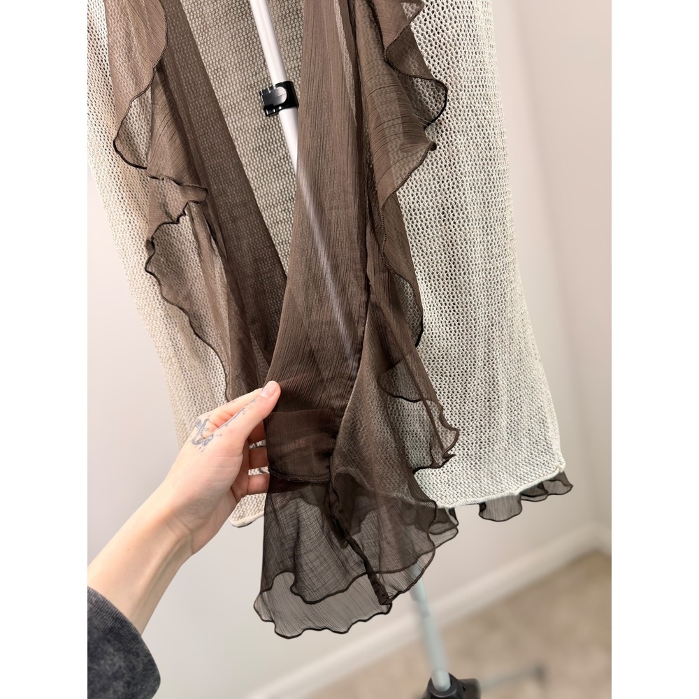 Chico's Open Front Mesh Cardigan Brown Ruffle Trim Linen Blend Short Sleeve 1 M - Picture 4 of 7